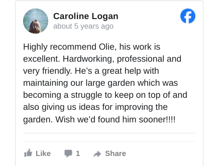 image with text review : Caroline Logan  recommends Campbell Gardening Services.
  · 
Highly recommend Olie, his work is excellent. Hardworking, professional and very friendly. He’s a great help with maintaining our large garden which was becoming a struggle to keep on top of and also giving us ideas for improving the garden. Wish we’d found him sooner!!!!